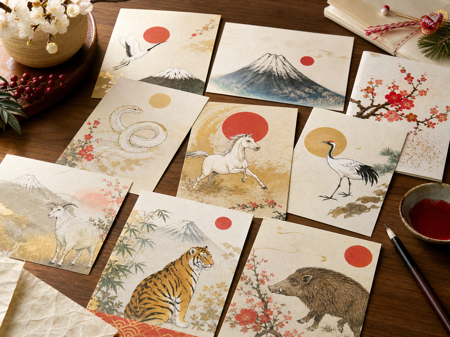 干支、富士山、梅、鶴を描いた年賀状デザインの並び