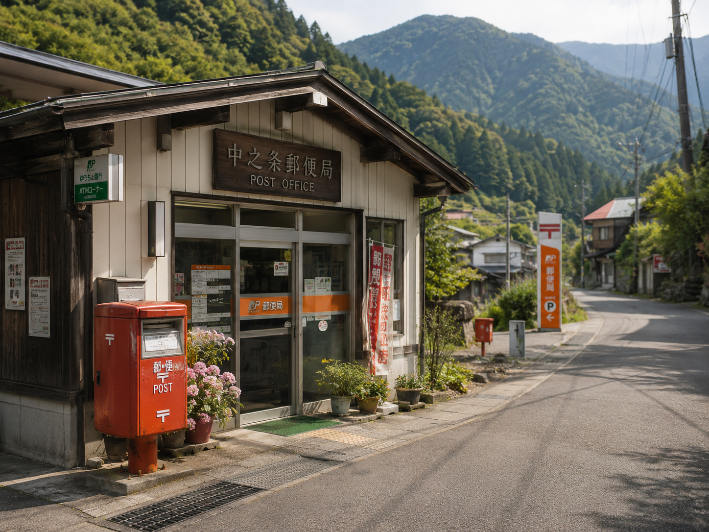 山里の小さな郵便局、赤いポスト、山道、午後の光