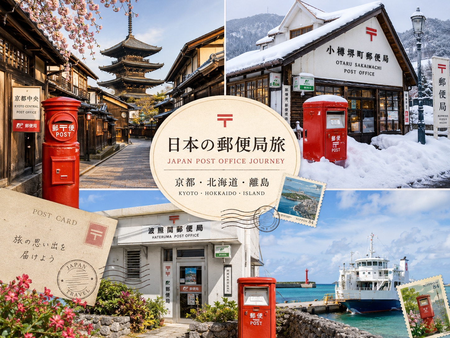 京都、北海道、島、温泉地の旅先の郵便局を集めたイメージ