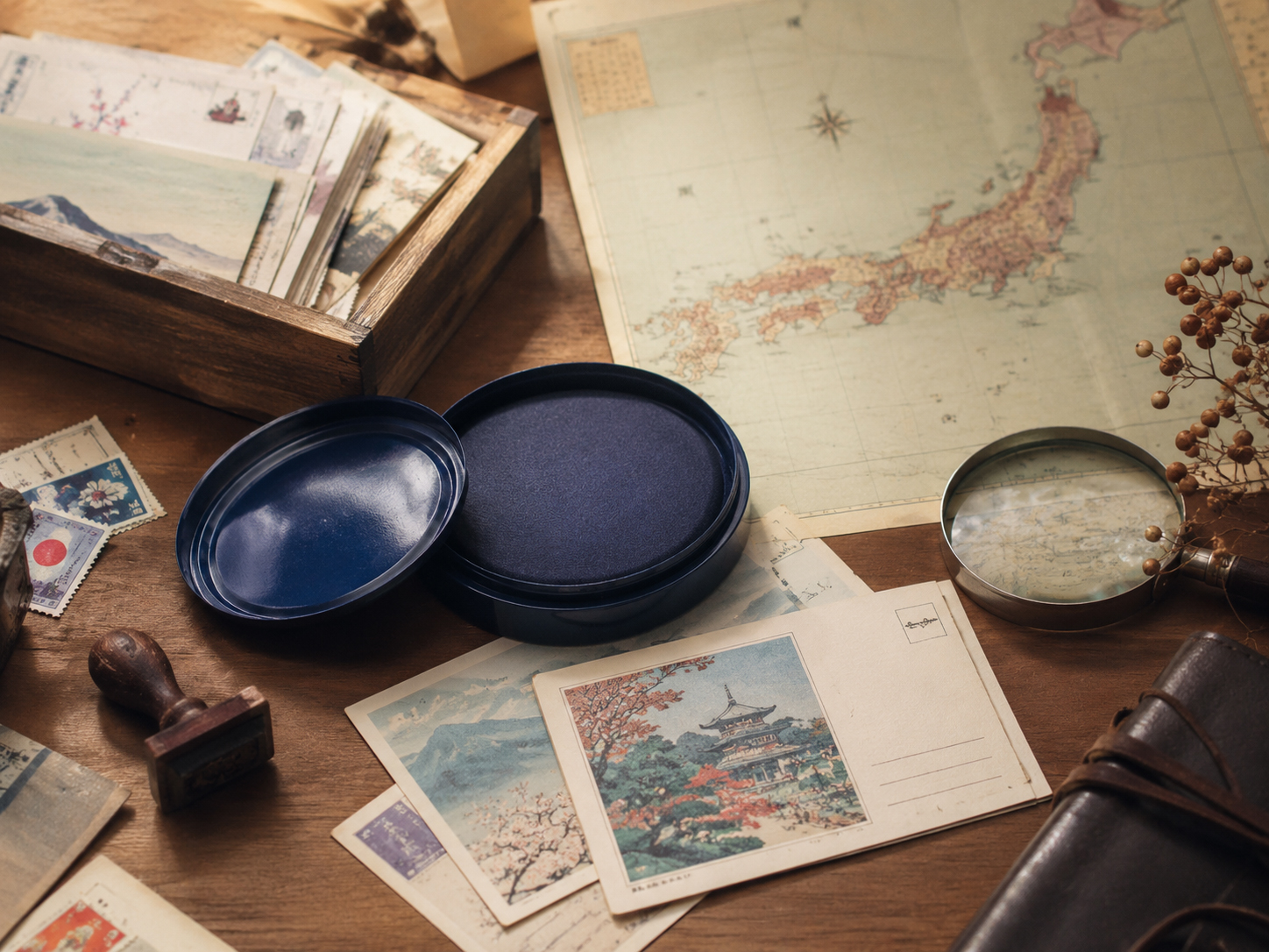 旅の地図、はがき、切手、消印、スタンプ台が置かれた机