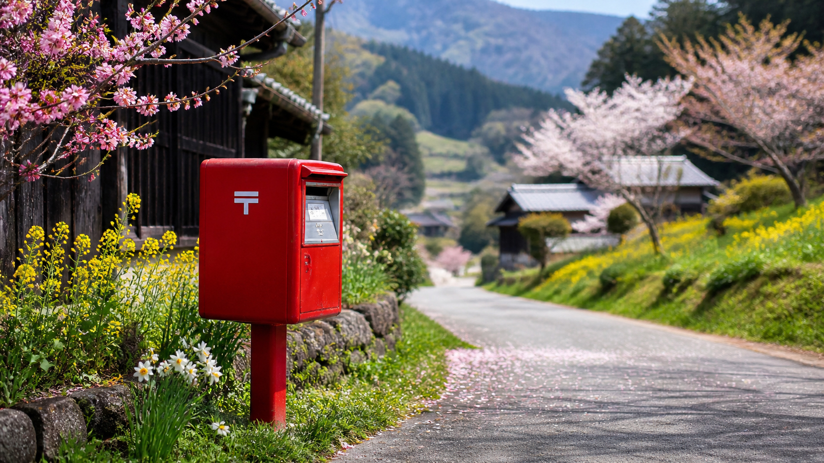 季節の花が咲く田舎道に立つ赤いポスト