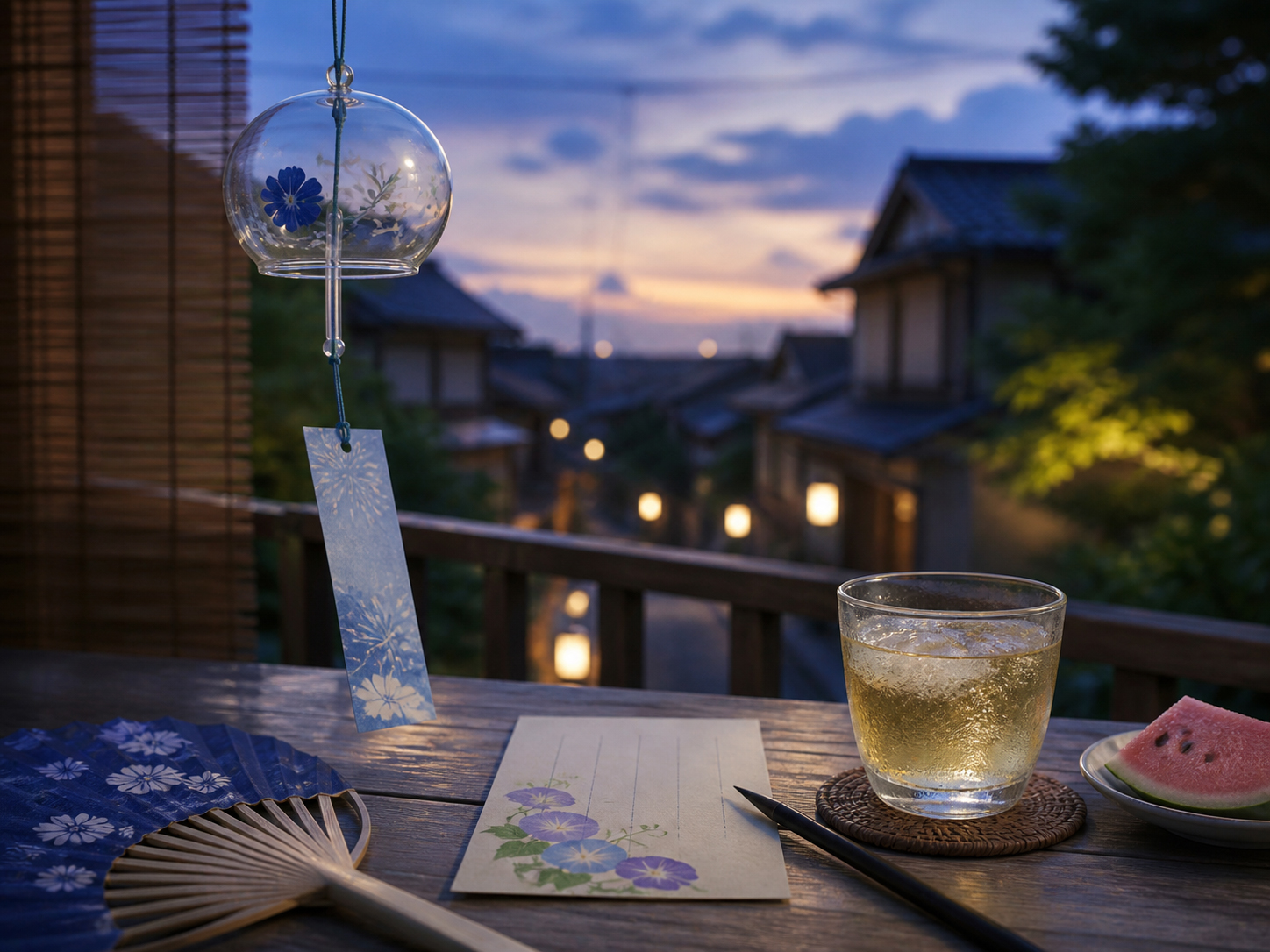 風鈴とはがきが置かれた夏の縁側