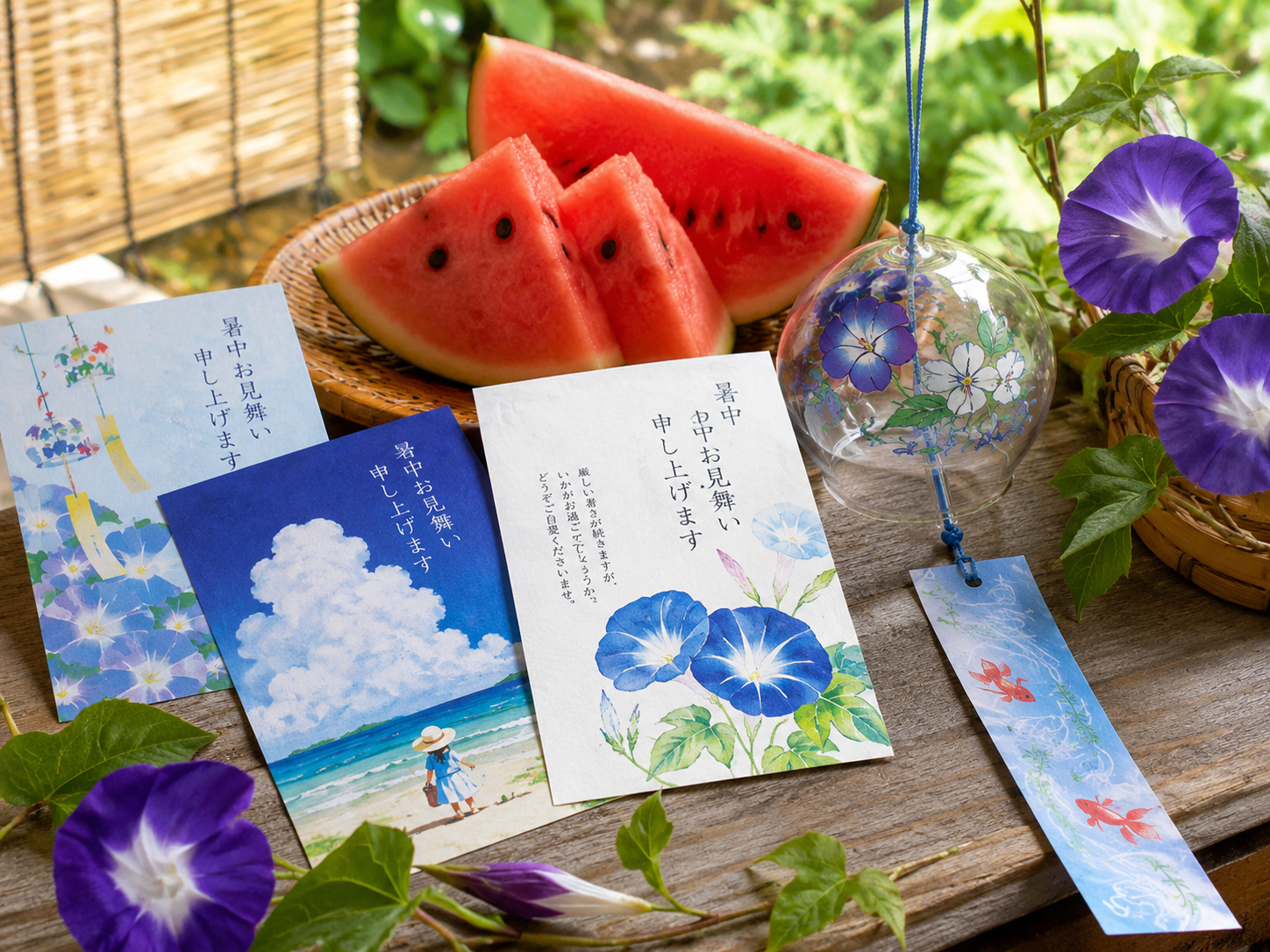 風鈴、朝顔、すいか、涼しげな夏の暑中見舞いはがき