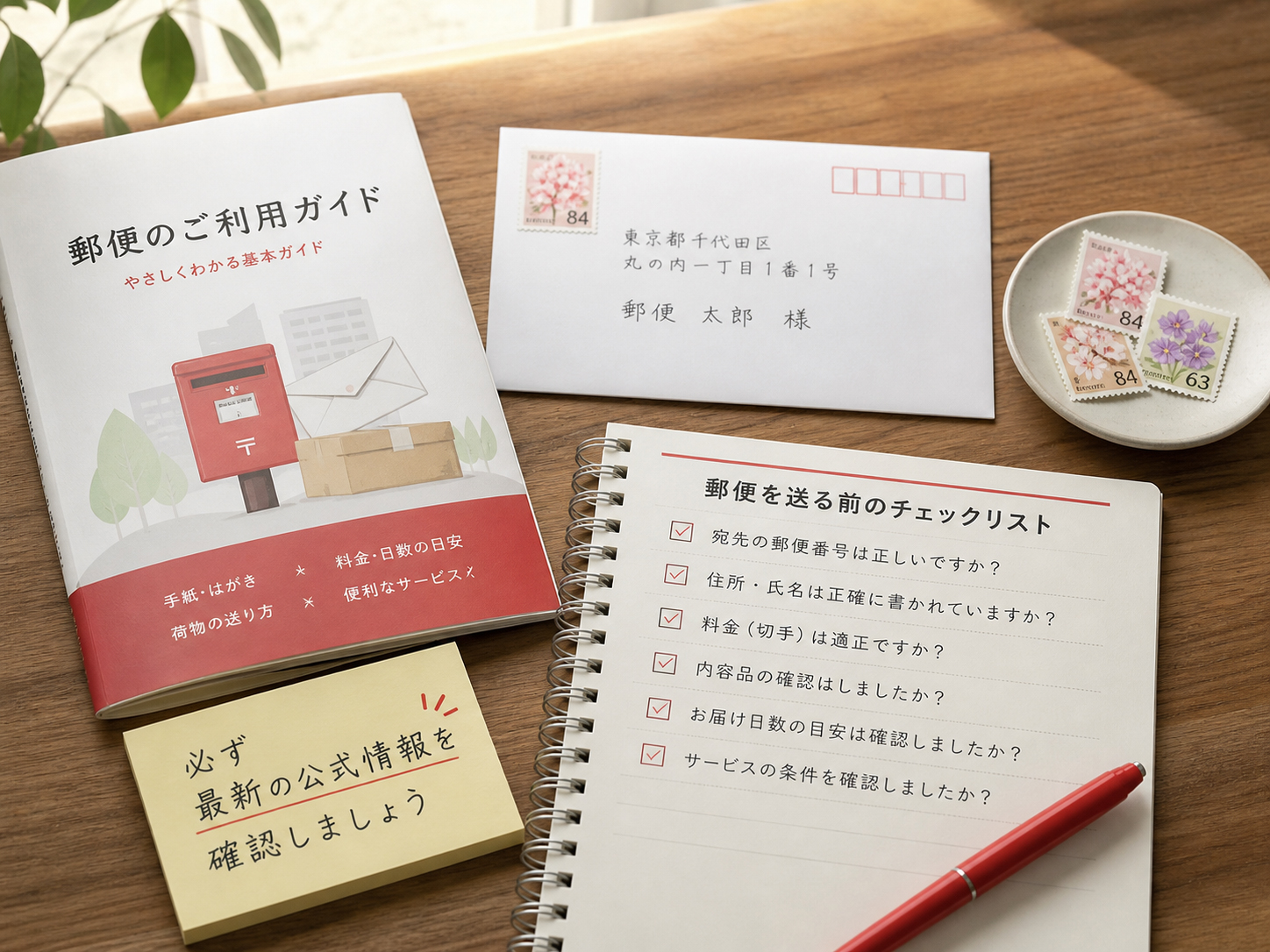 郵便ガイド、確認メモ、公式情報を確認するイメージ