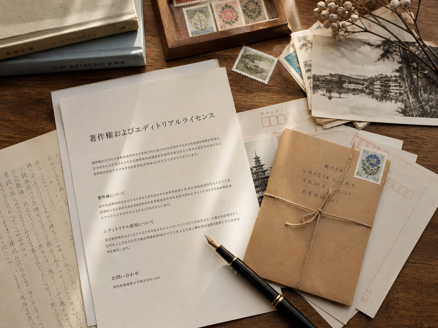 注意書き、封筒、地図、郵便物の確認メモが置かれた机