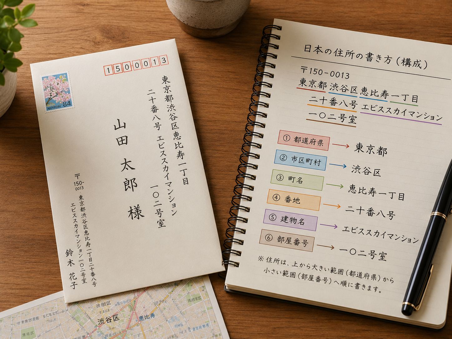 都道府県、市区町村、町名、丁目、番地、号を示す住所構造のイメージ