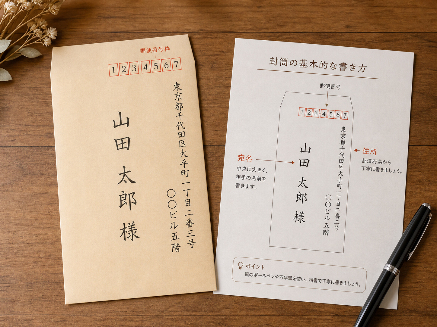 郵便番号、住所、建物名、受取人名、敬称が整えられた封筒の見本