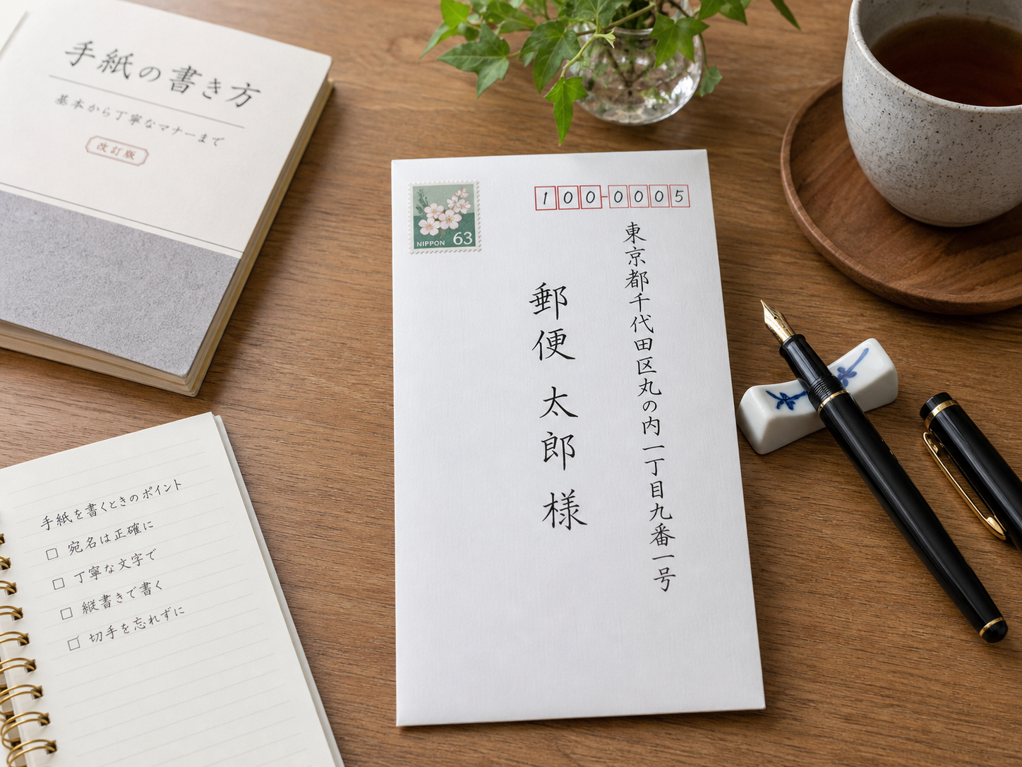封筒、万年筆、筆ペン、宛名書きの見本が置かれた机