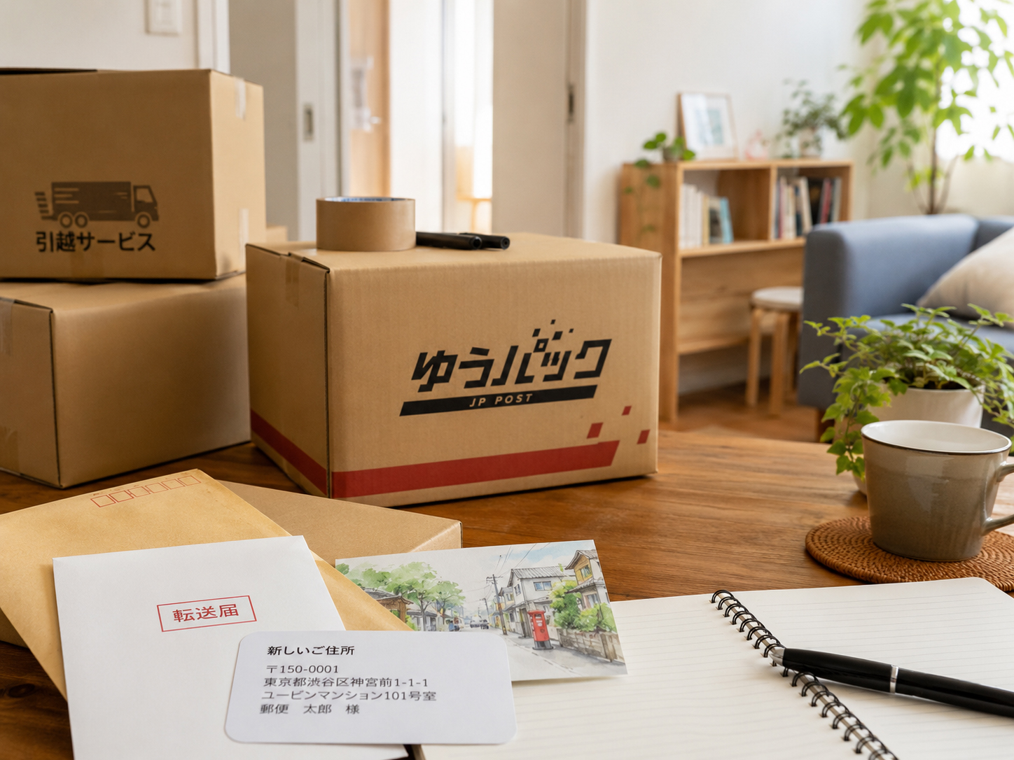引っ越しの段ボール、新住所メモ、封筒、郵便転送を示す机
