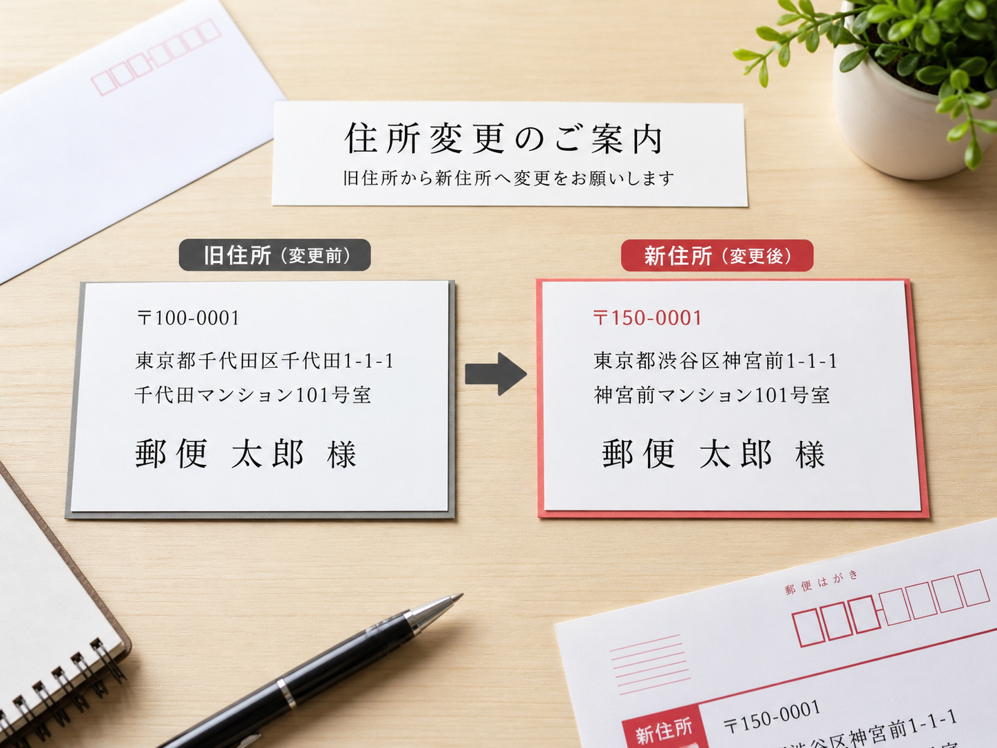 旧住所から新住所へ封筒が移動する転送のイメージ