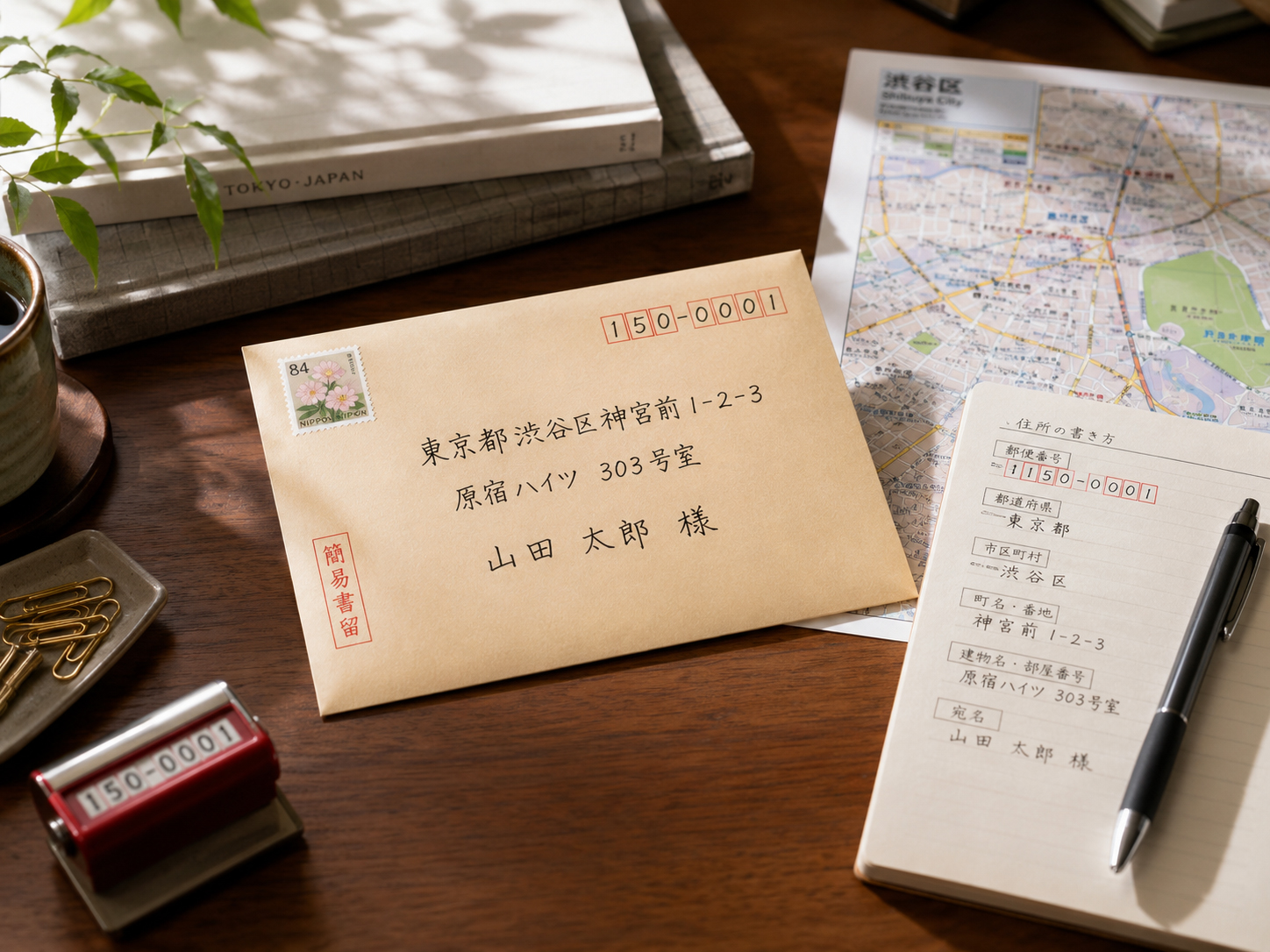 日本の住所、郵便番号、封筒、地図、筆記具が並ぶ机