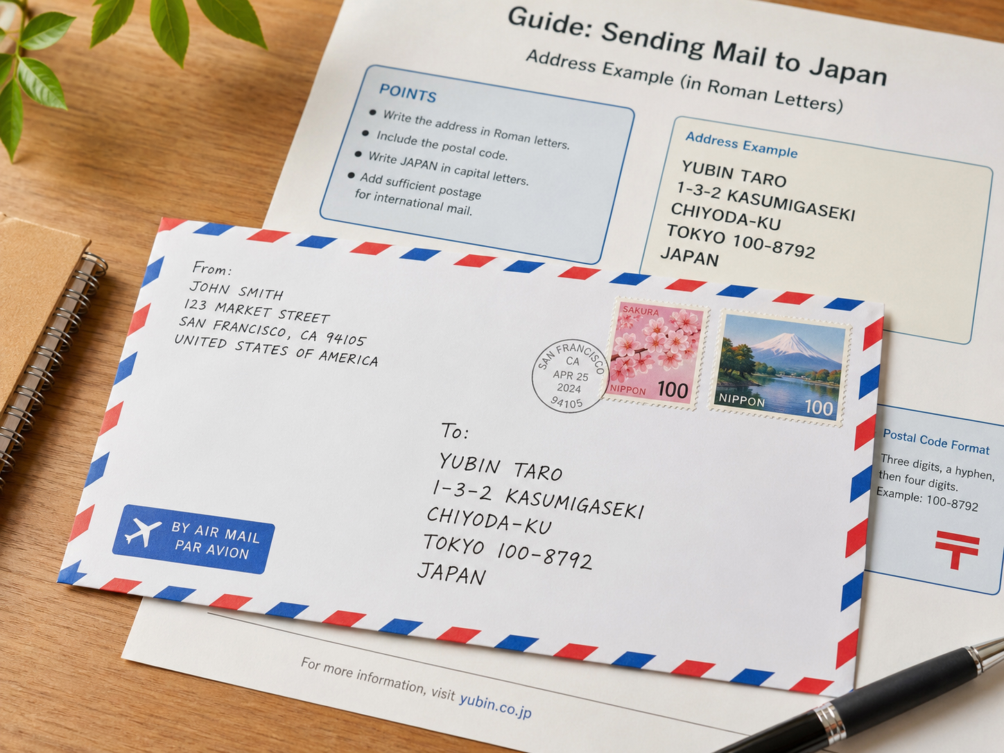 JAPANと郵便番号が大きく書かれた日本宛ての国際郵便封筒