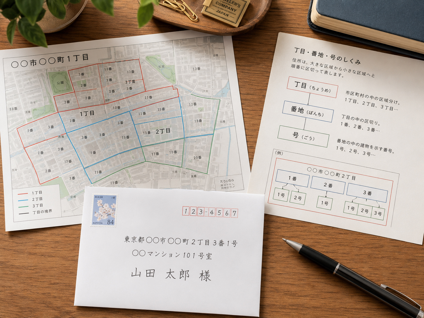 丁目、番地、号を地図と封筒で説明する日本の住所イメージ