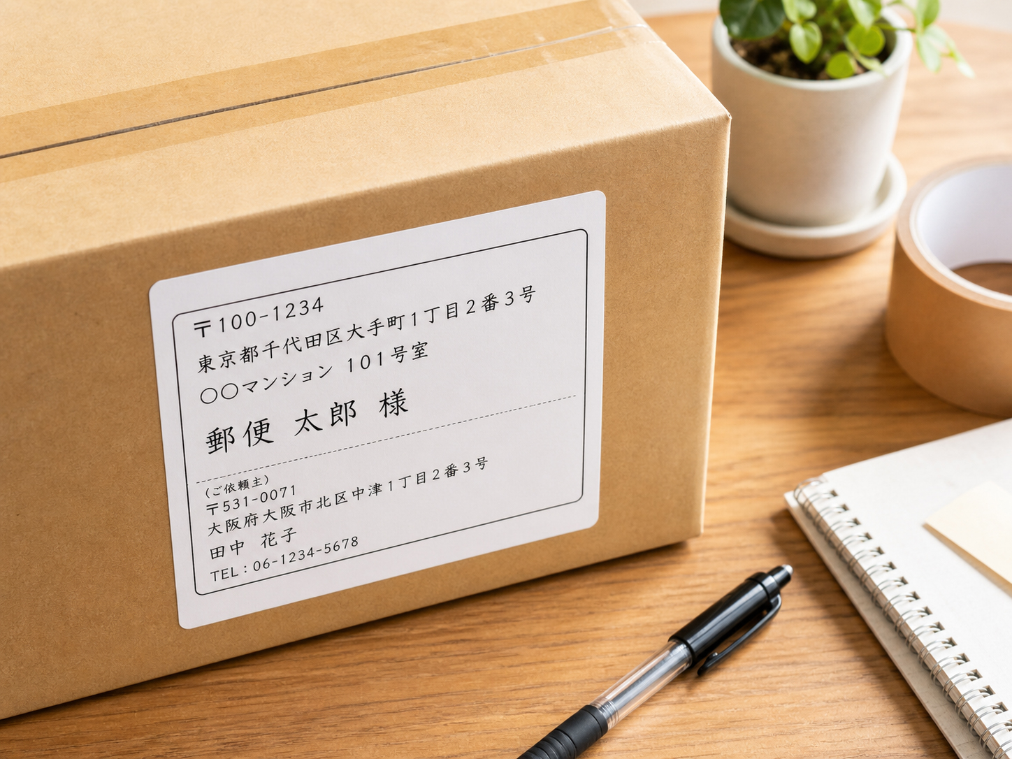 小包の箱に読みやすい宛名ラベルが貼られている様子