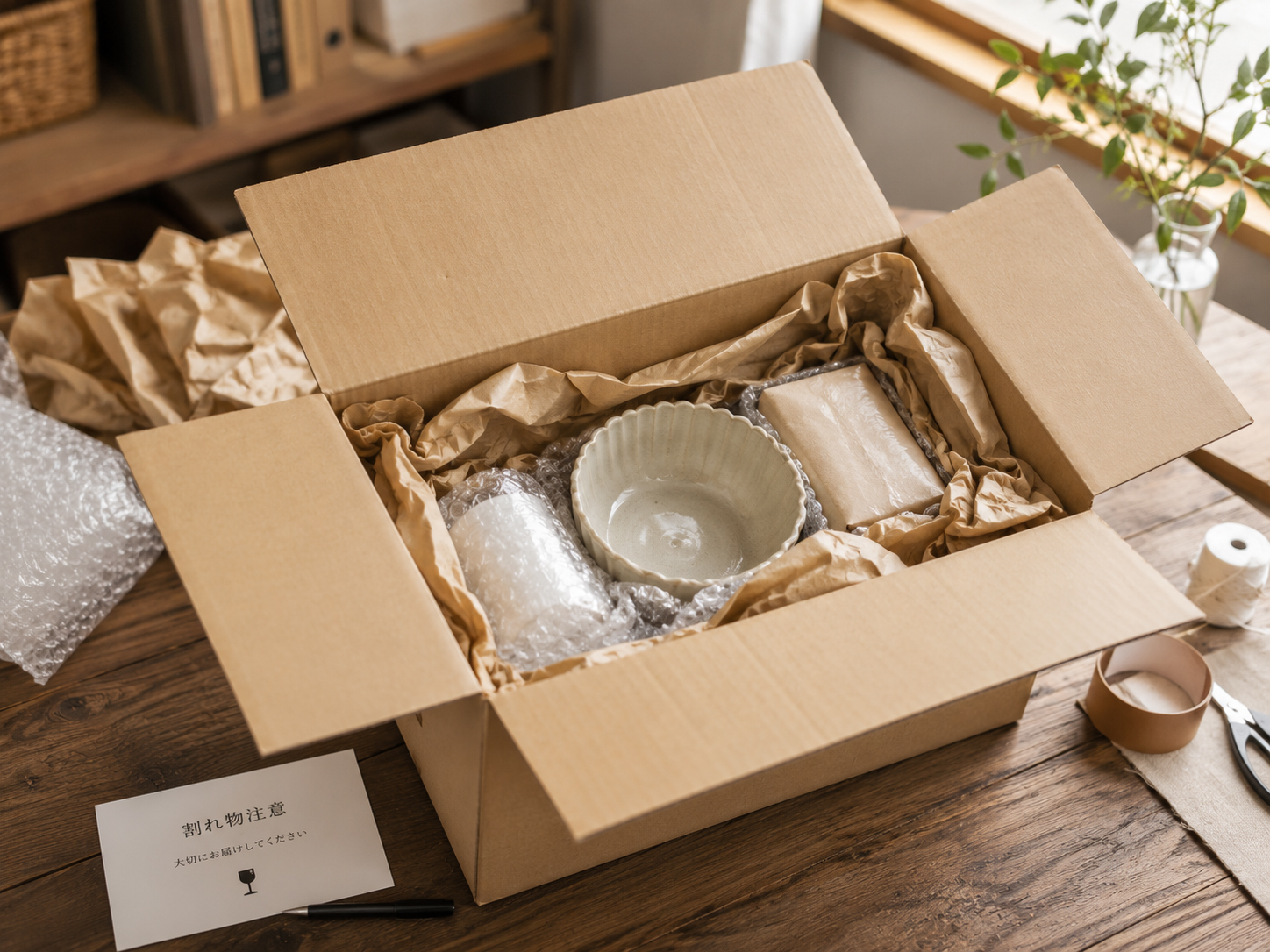開いた箱の中に緩衝材と品物が収められ、宛名ラベルが横に置かれている