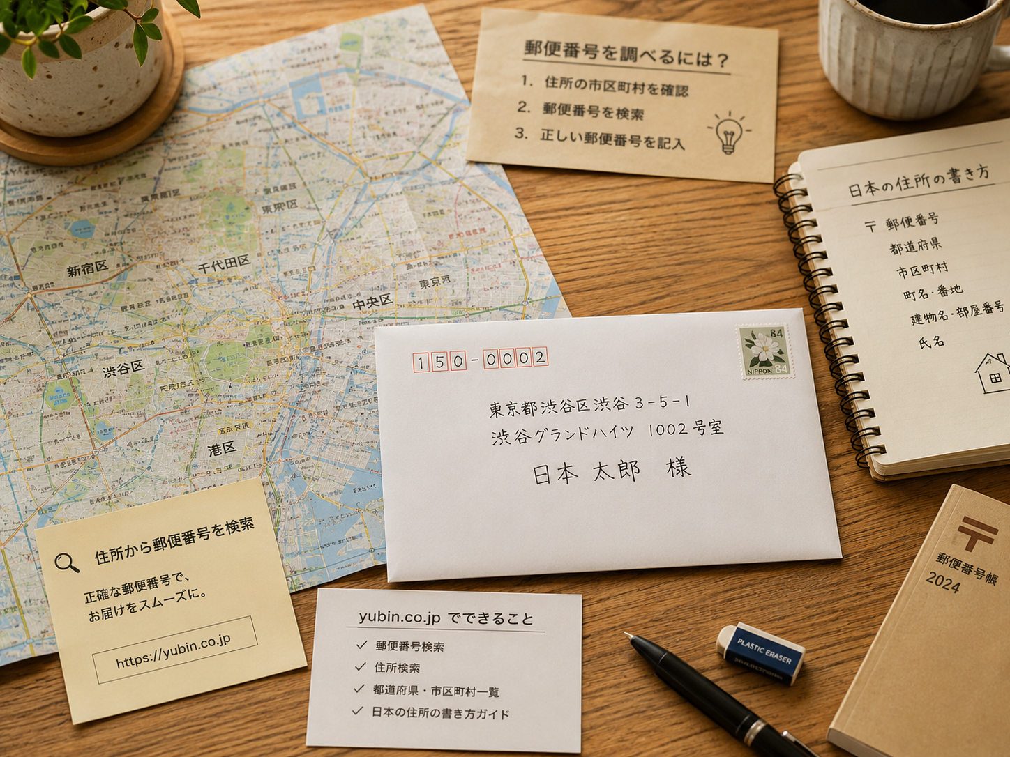 地図、住所メモ、郵便番号検索を示す机上のイメージ