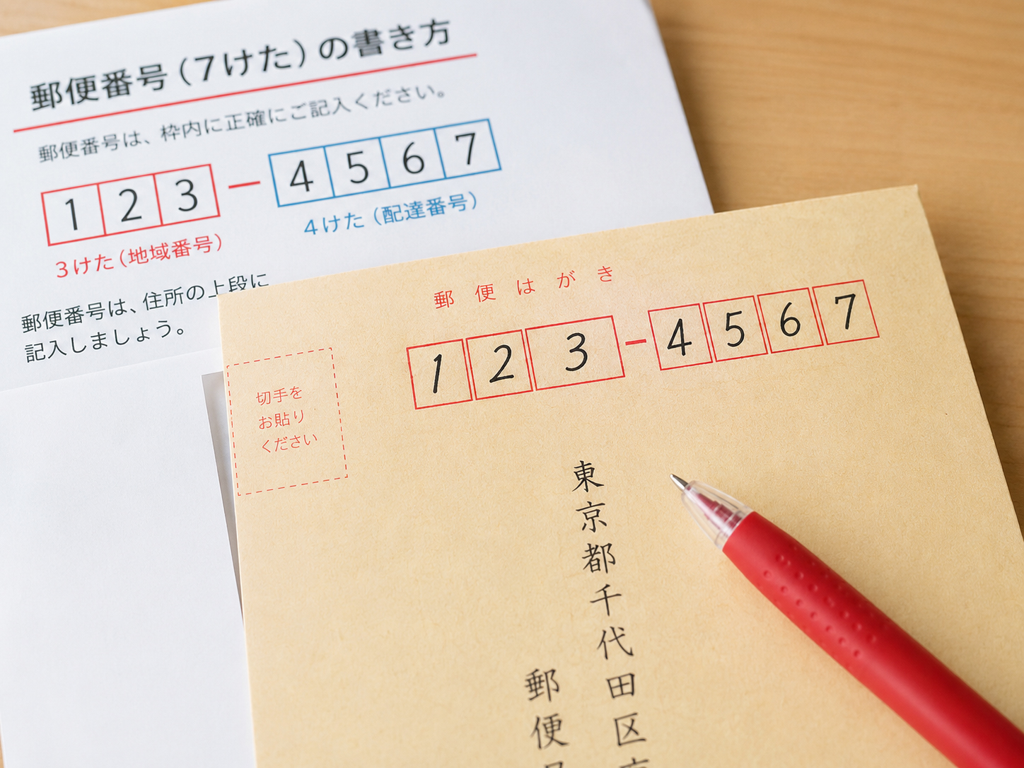 封筒に赤いペンで確認された七桁の郵便番号