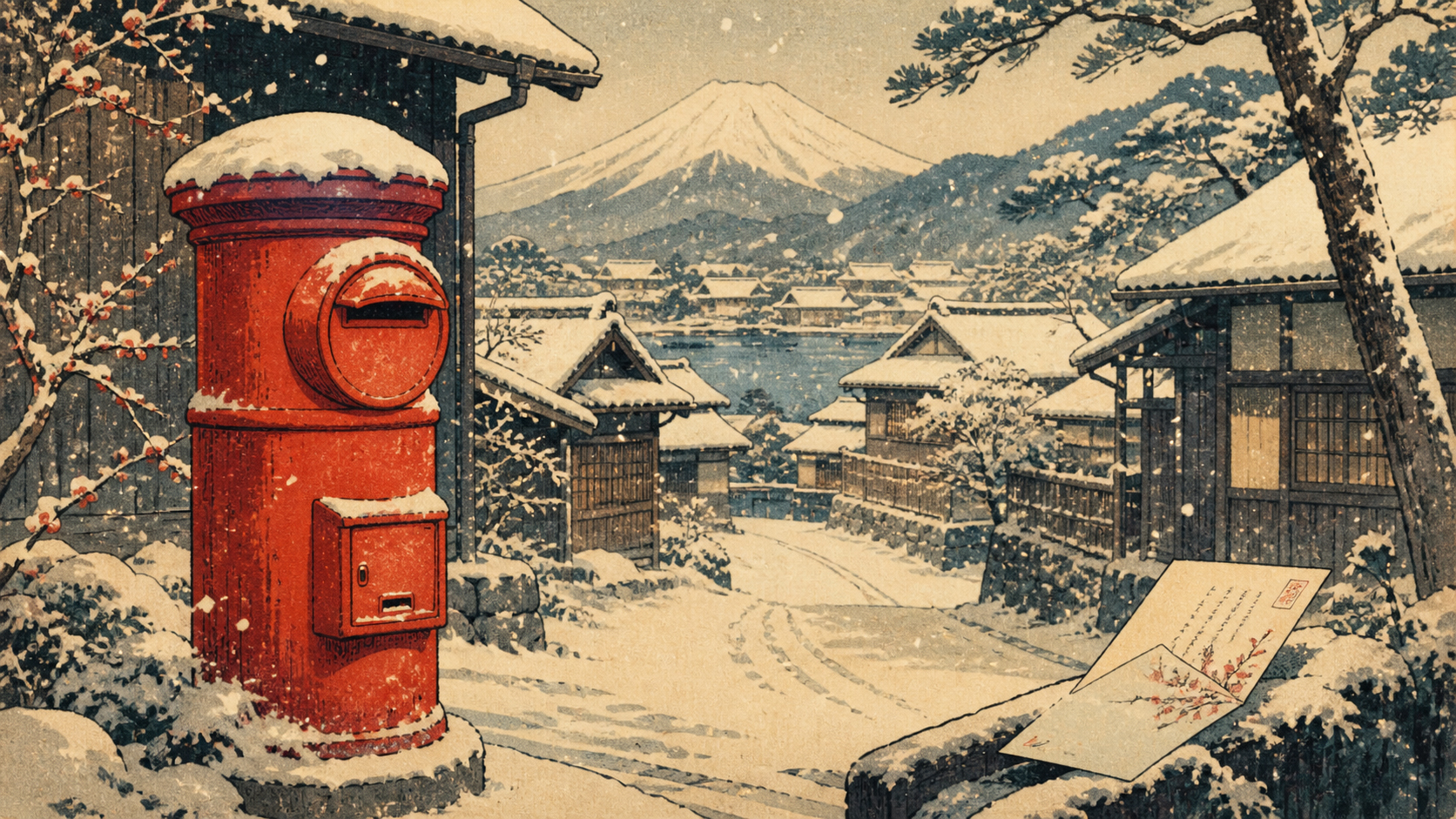雪の村に立つ赤いポストと一通の手紙