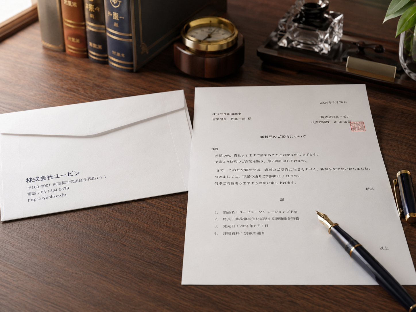 会社宛ての封筒、万年筆、便箋が整えられた机