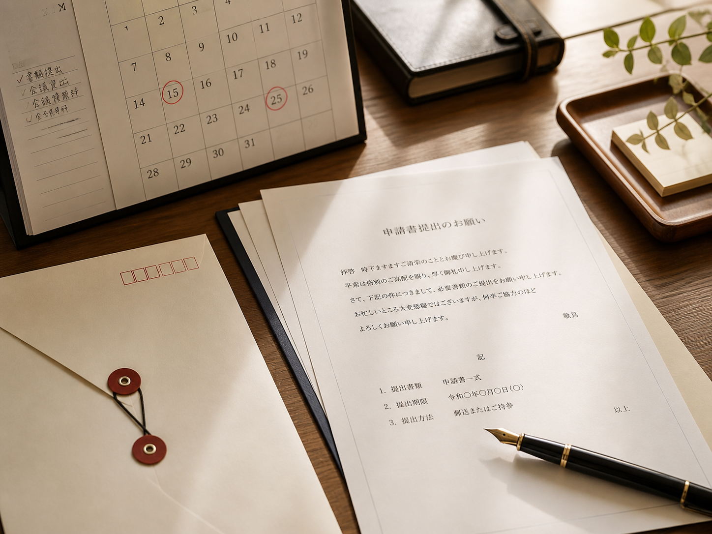 依頼書、資料、カレンダー、封筒が置かれた仕事の机