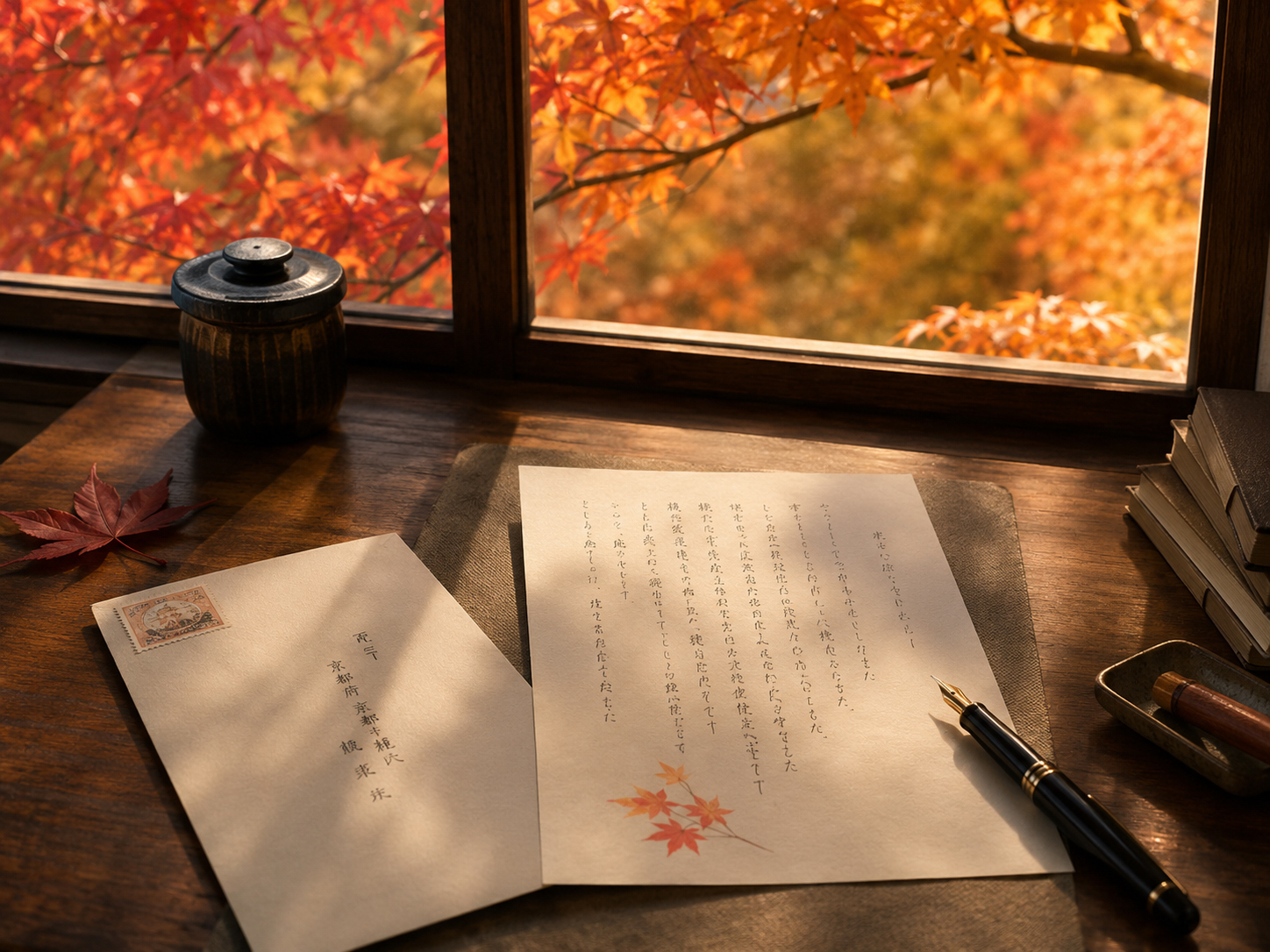 紅葉の見える窓辺で書かれる秋の手紙
