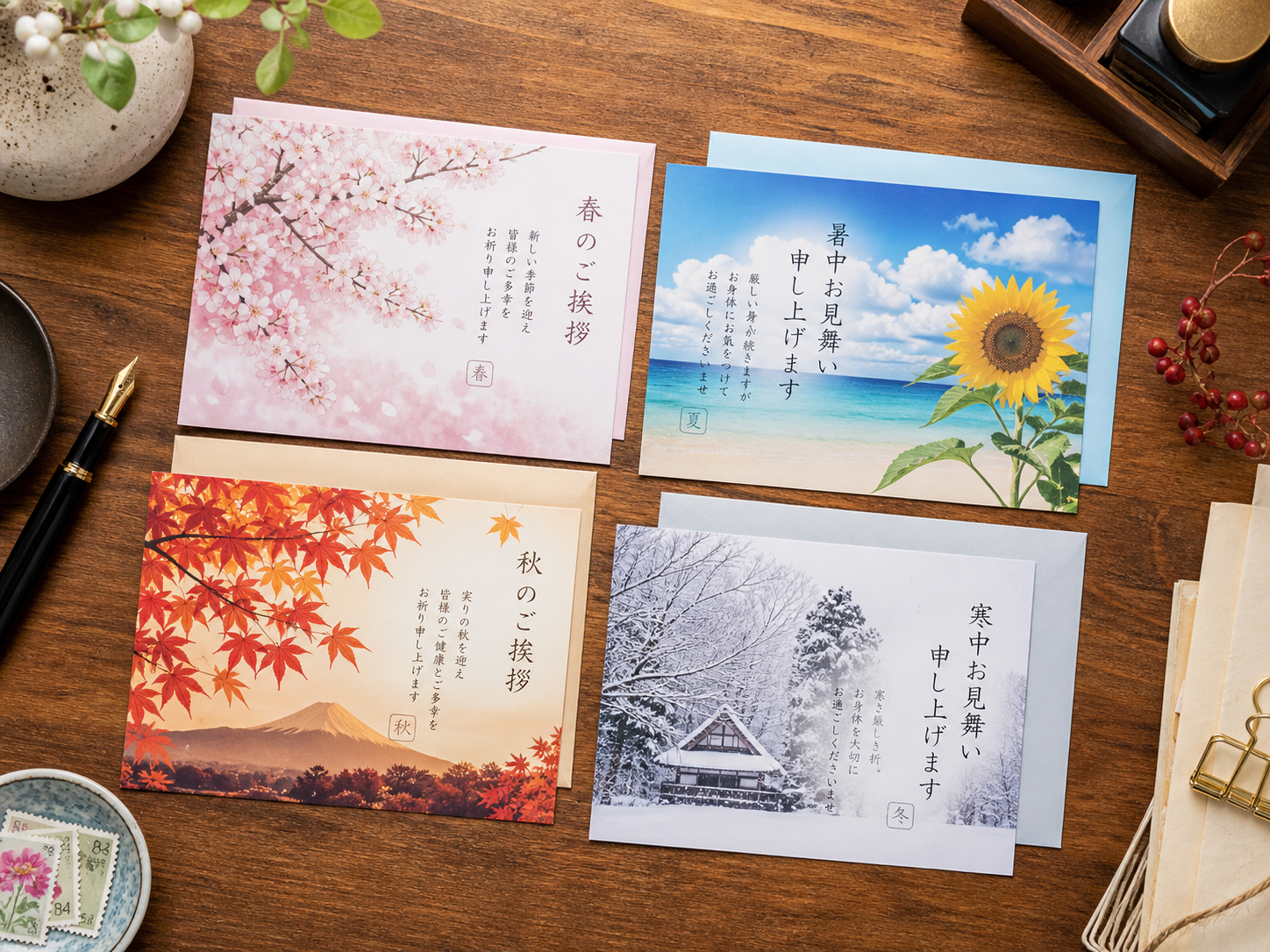春夏秋冬の季節のはがきが並ぶ机