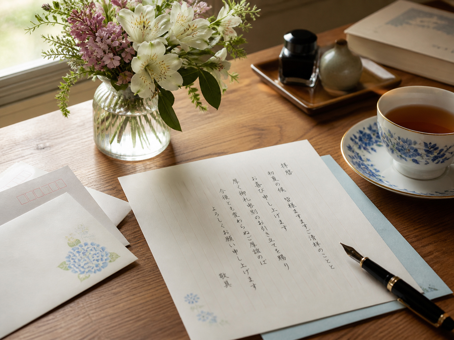 季節の花、便箋、湯呑み、筆記具が置かれた手紙を書く机