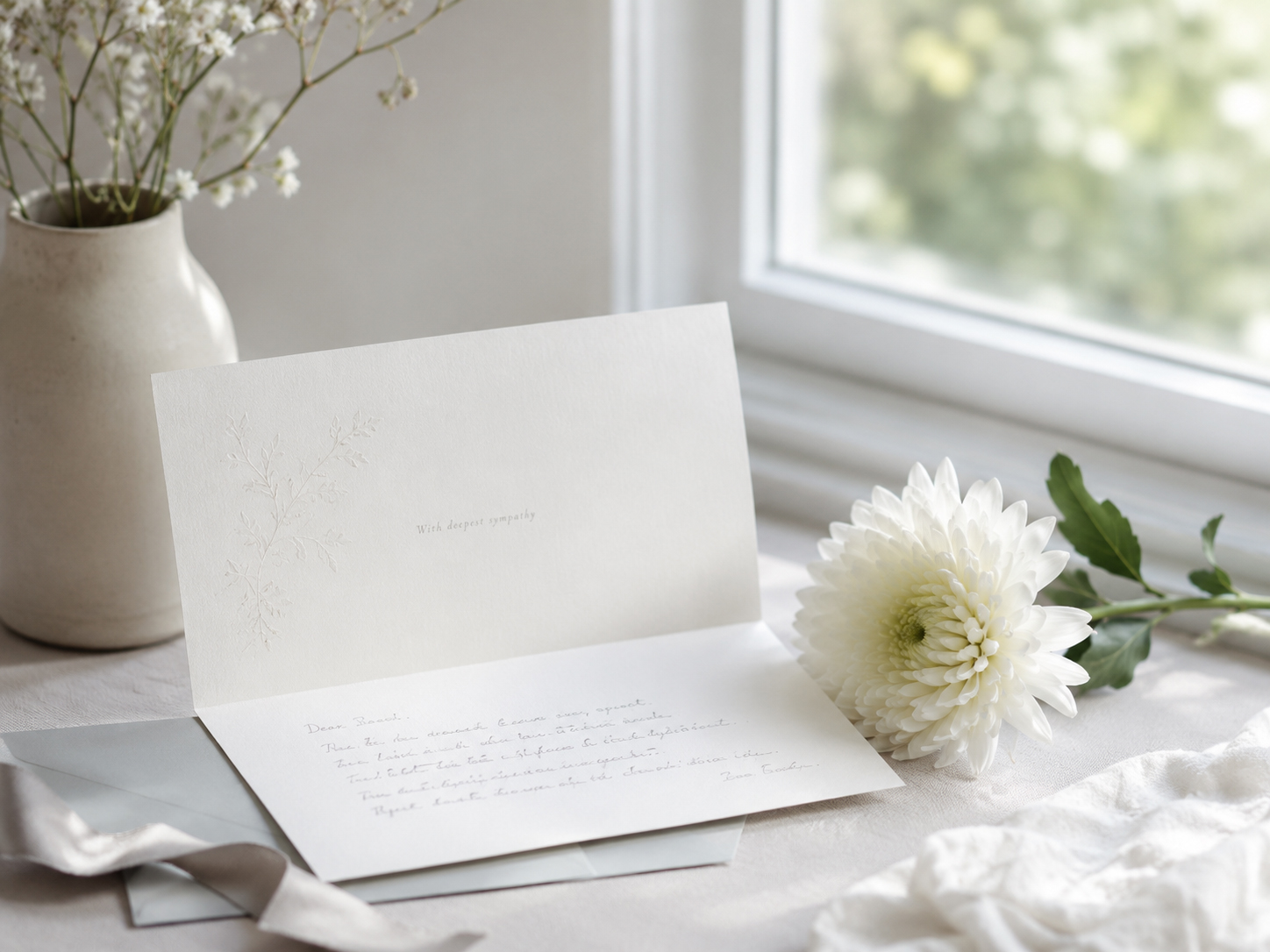 白い花と開かれたお悔やみのカード、静かな窓辺