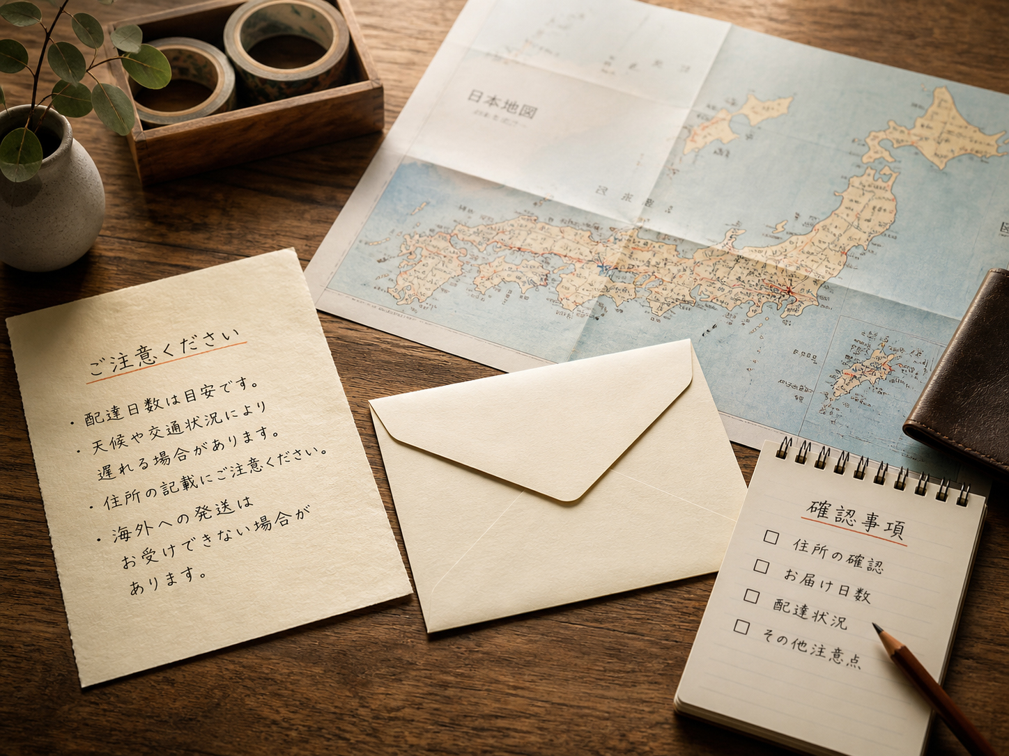 著作権表示、編集原稿、はがき、封筒が並ぶ机