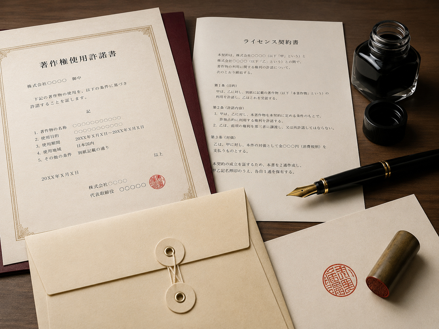 ライセンス文書、封筒、インク、印章が置かれた机