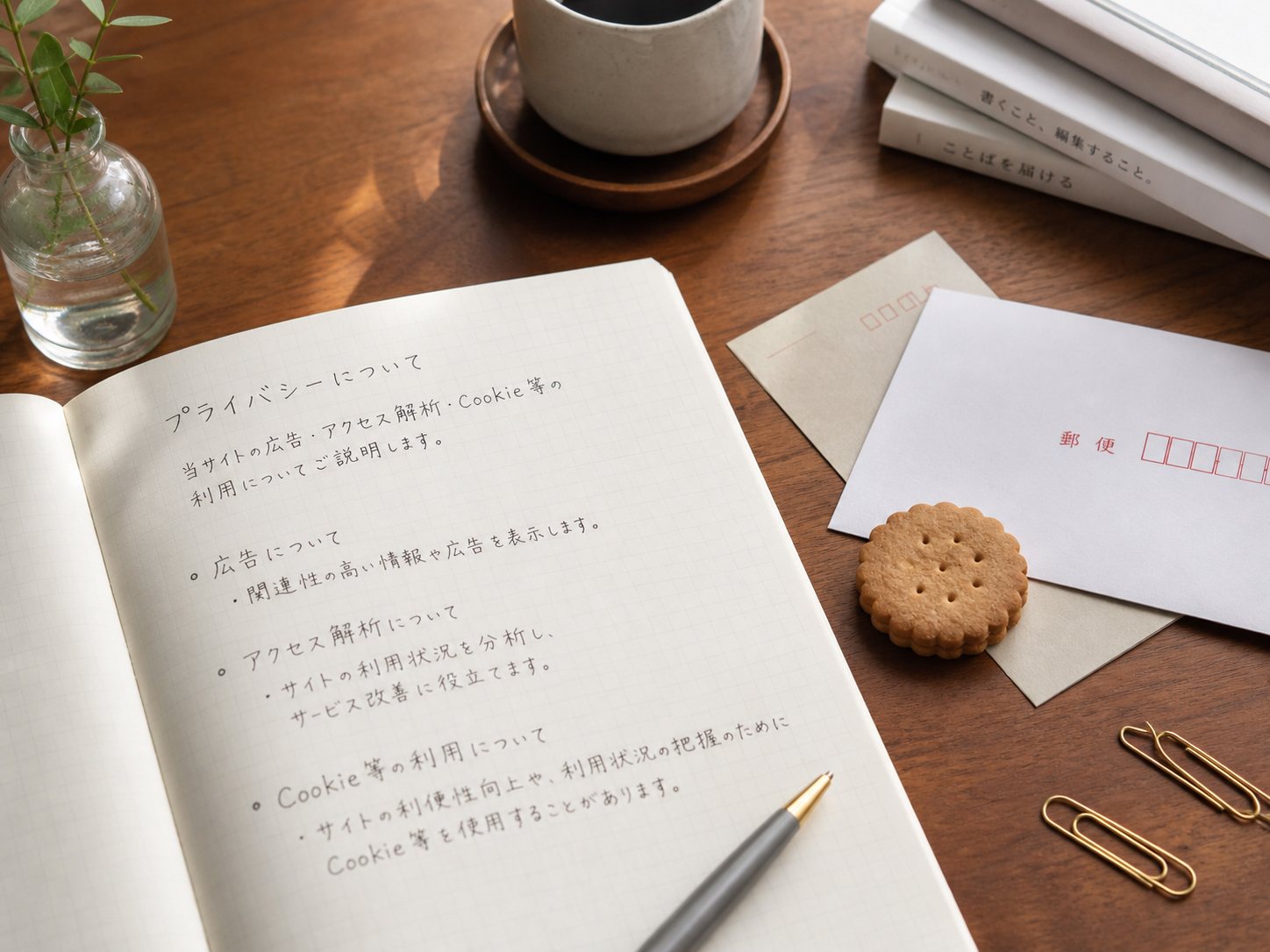 広告、アクセス解析、Cookie、プライバシー設定を示す編集机