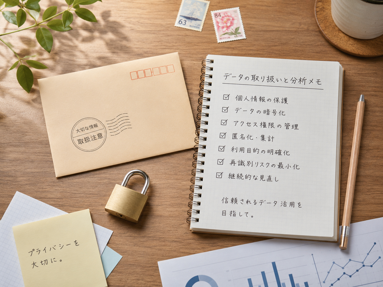 データ管理メモ、封筒、鍵、アクセス解析を示す画面