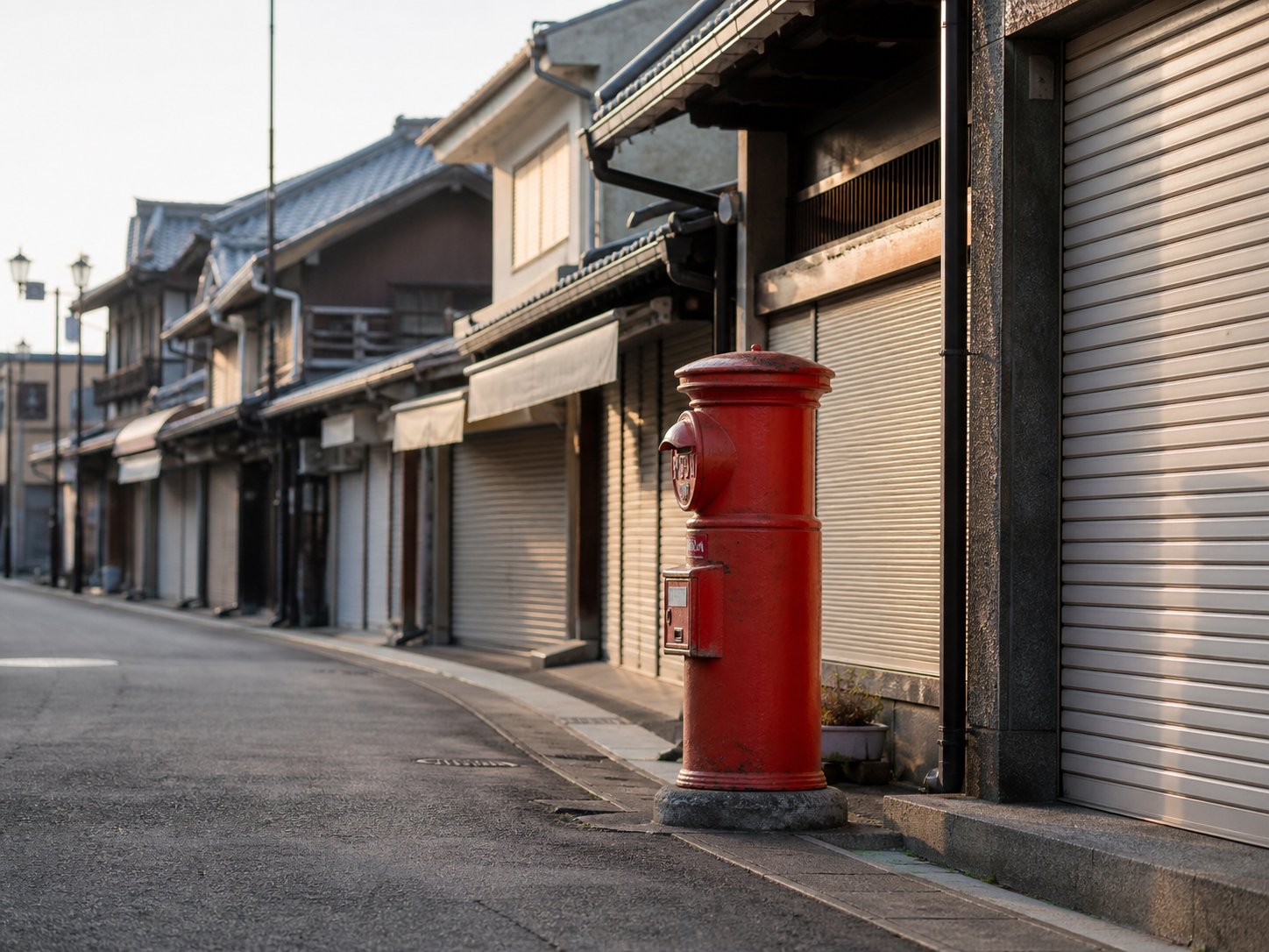 古い商店街の朝、店のシャッターと赤い郵便ポスト