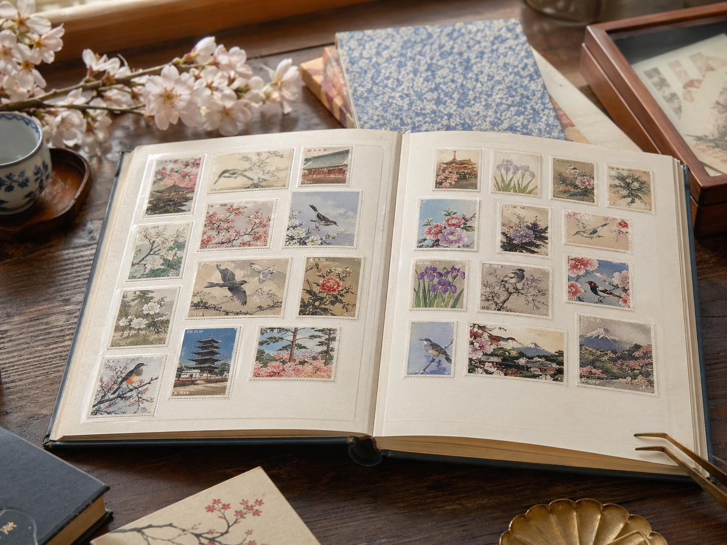 花、鳥、寺、風景を描いた日本の切手が並ぶアルバム