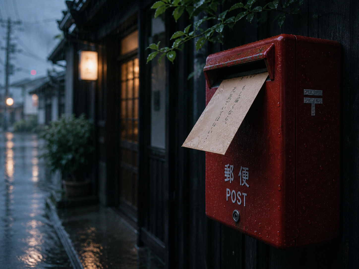 雨の中のポストと、見つかった古い手紙のイメージ