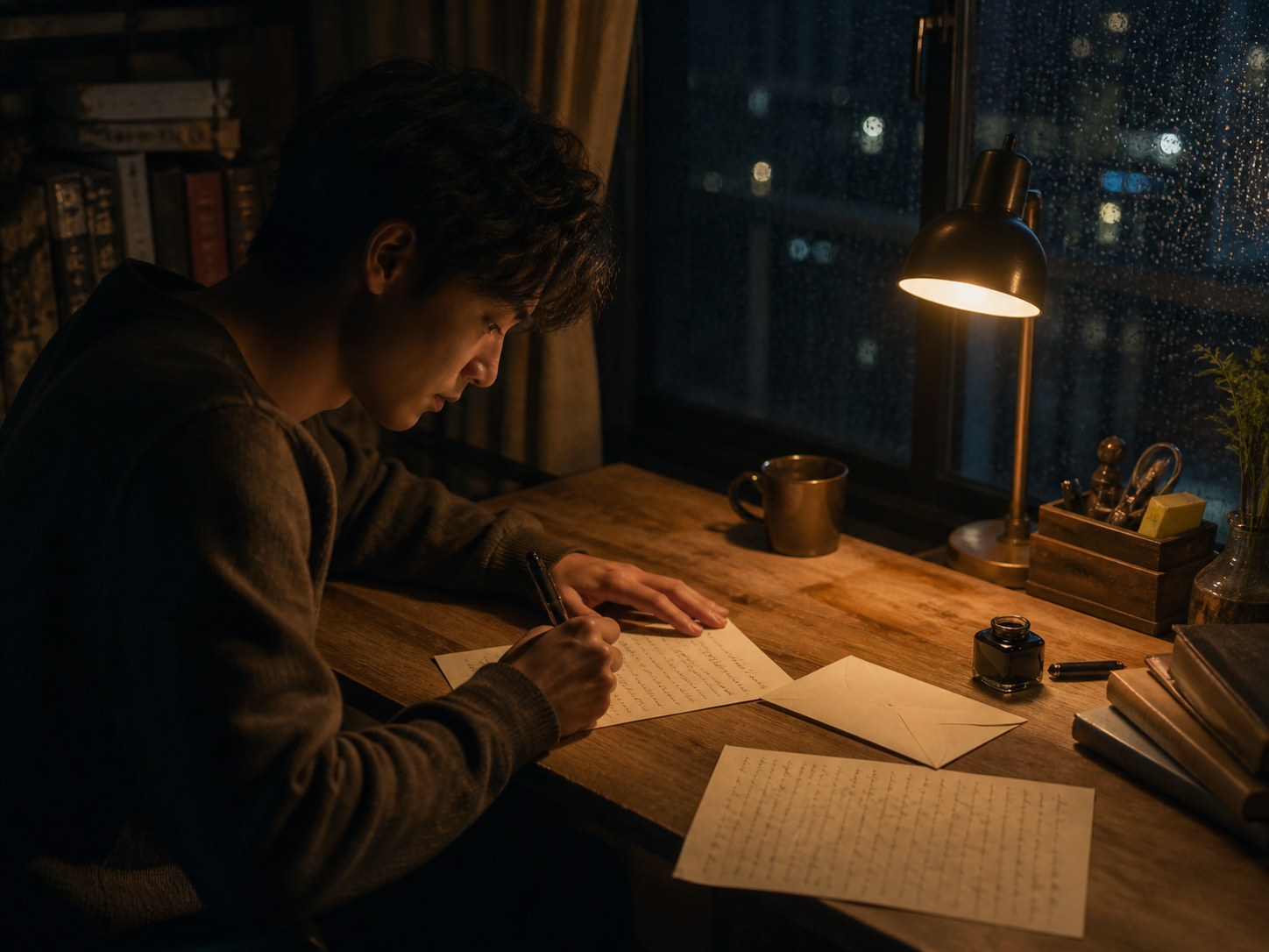 夜の机で一人、出すか迷いながら手紙を書く人の手元