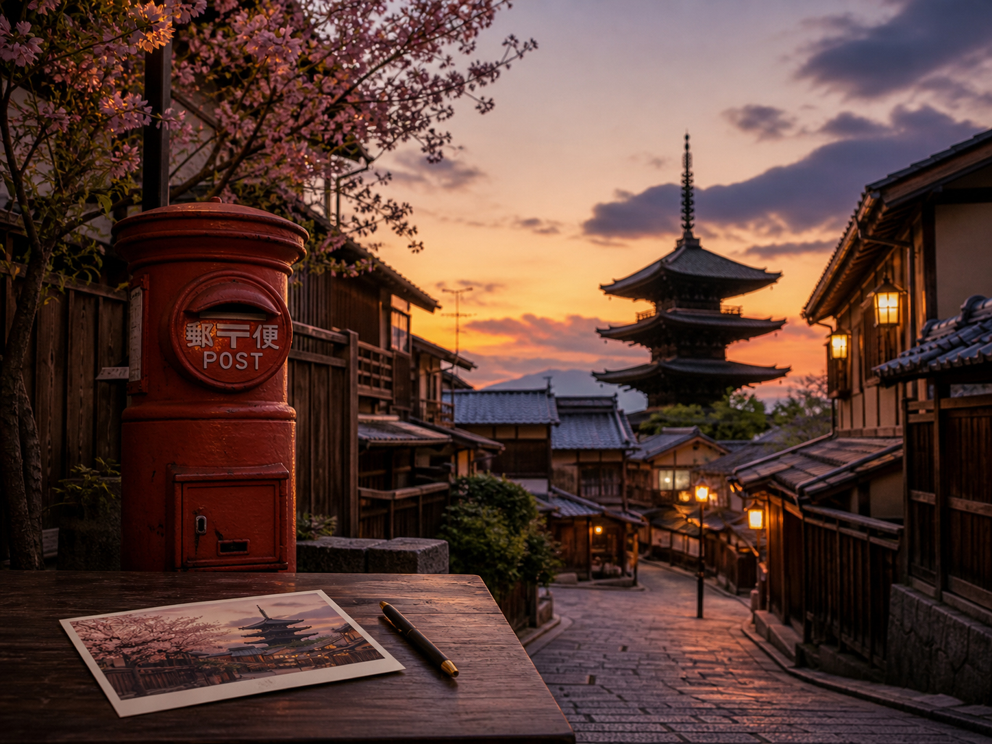 京都の夕暮れ、寺の近くの赤いポストとはがき