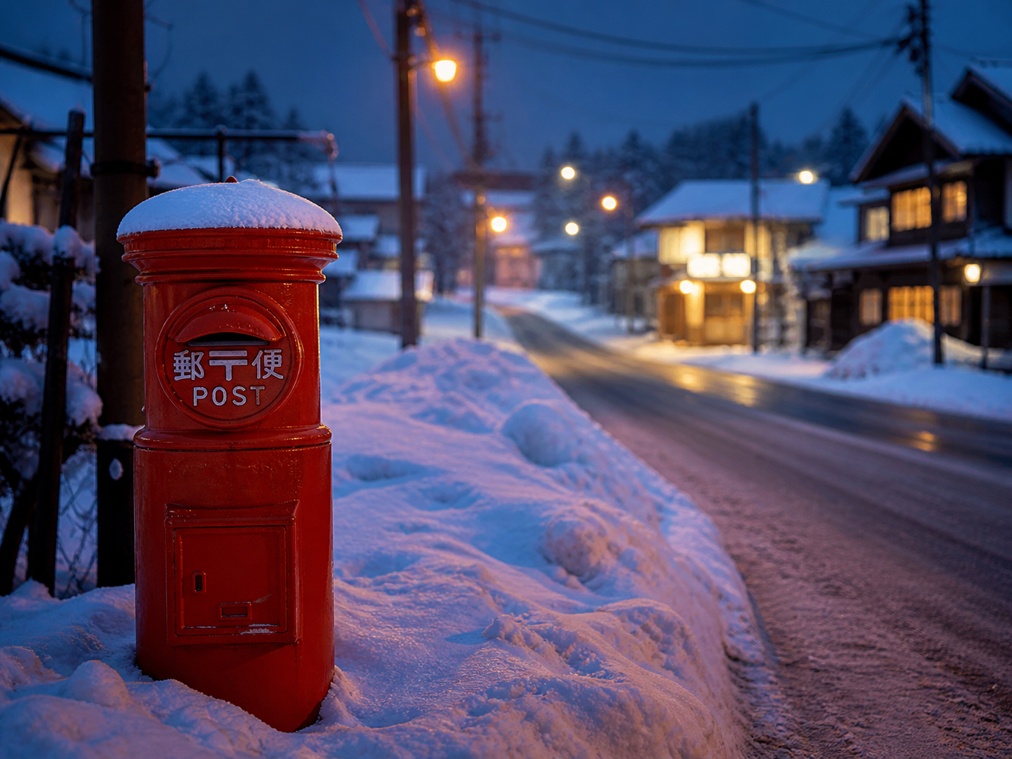 北海道の雪道に立つ赤い郵便ポストと夕暮れの灯り