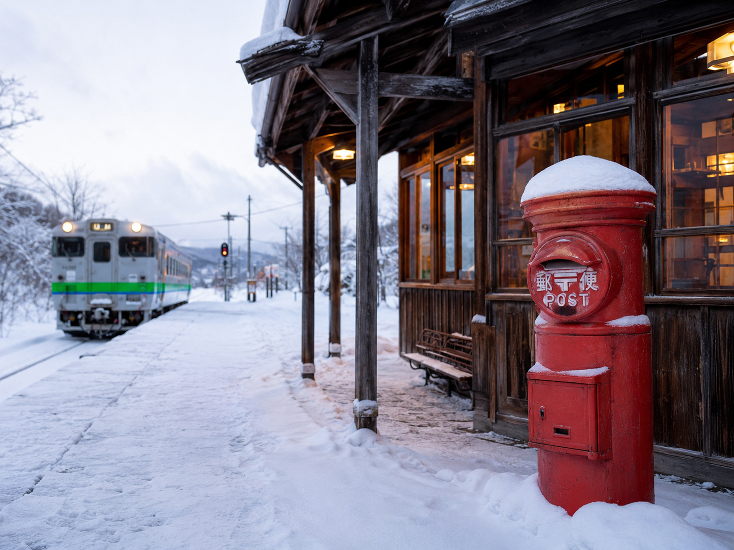 北海道の木造駅舎、雪、赤いポスト、遠くの列車