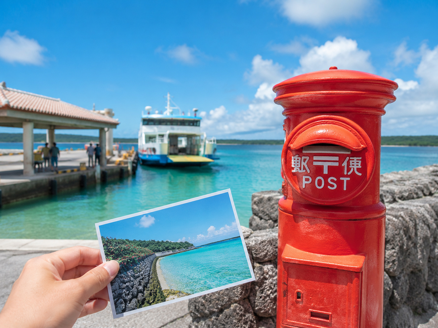 沖縄の港、海辺の赤いポスト、島へ向かう船