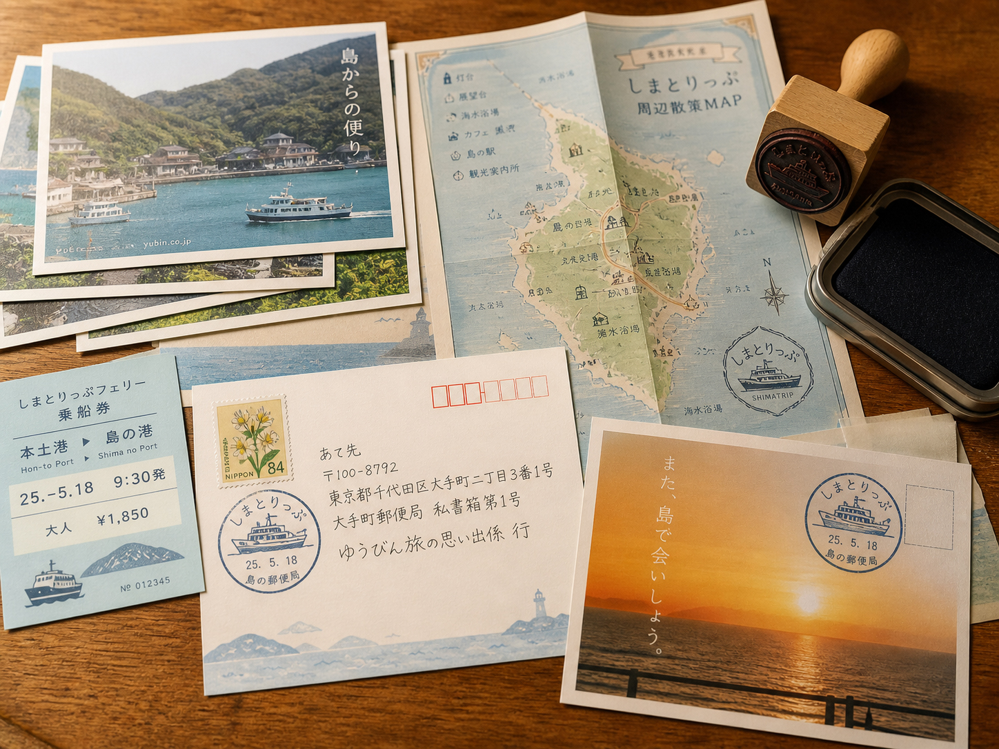 島の地図、フェリー、はがき、切手、消印が置かれた机