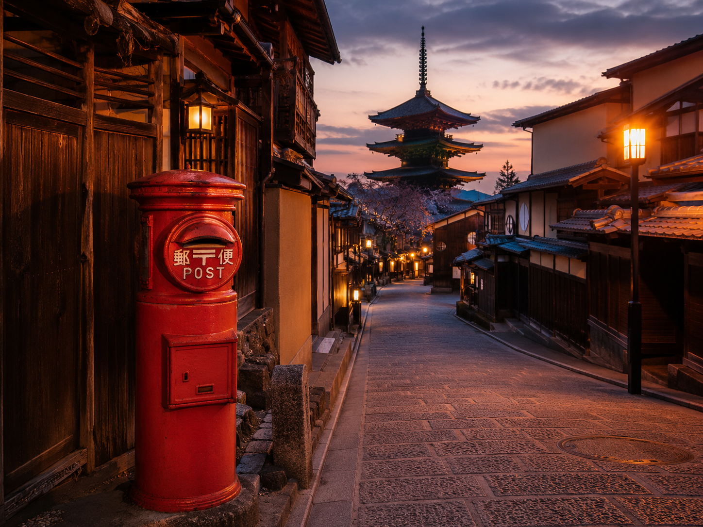 京都の寺へ向かう路地、赤いポスト、夕暮れの灯り