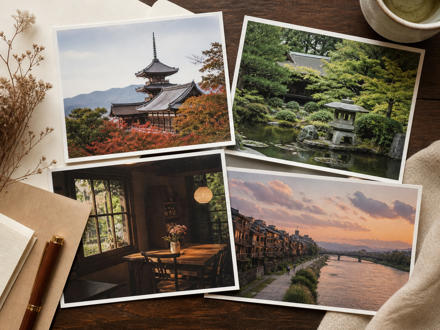 京都の寺、庭、喫茶店、川を描いた複数の絵はがき