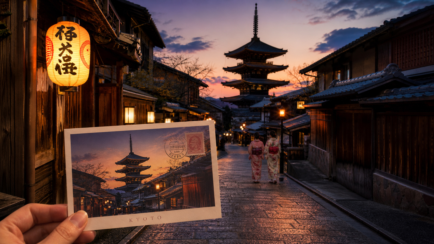 京都の寺と灯籠、夕暮れのはがき