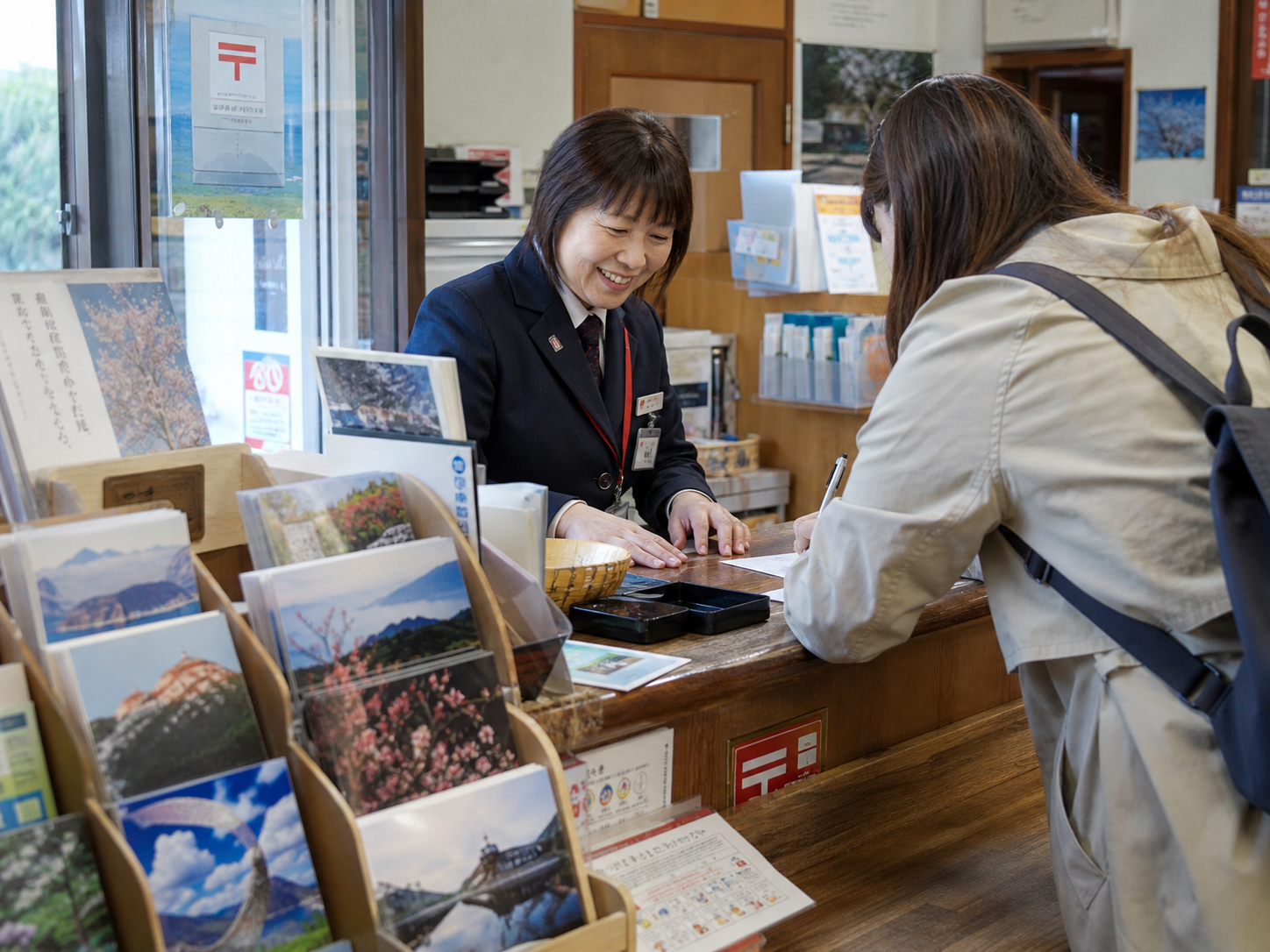 旅先の小さな郵便局の窓口、はがき、切手、赤いポスト