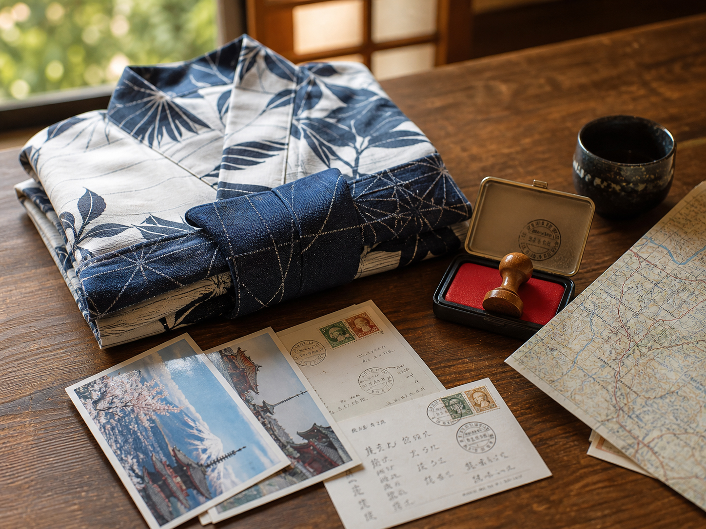 温泉地の地図、浴衣、はがき、消印、スタンプ台