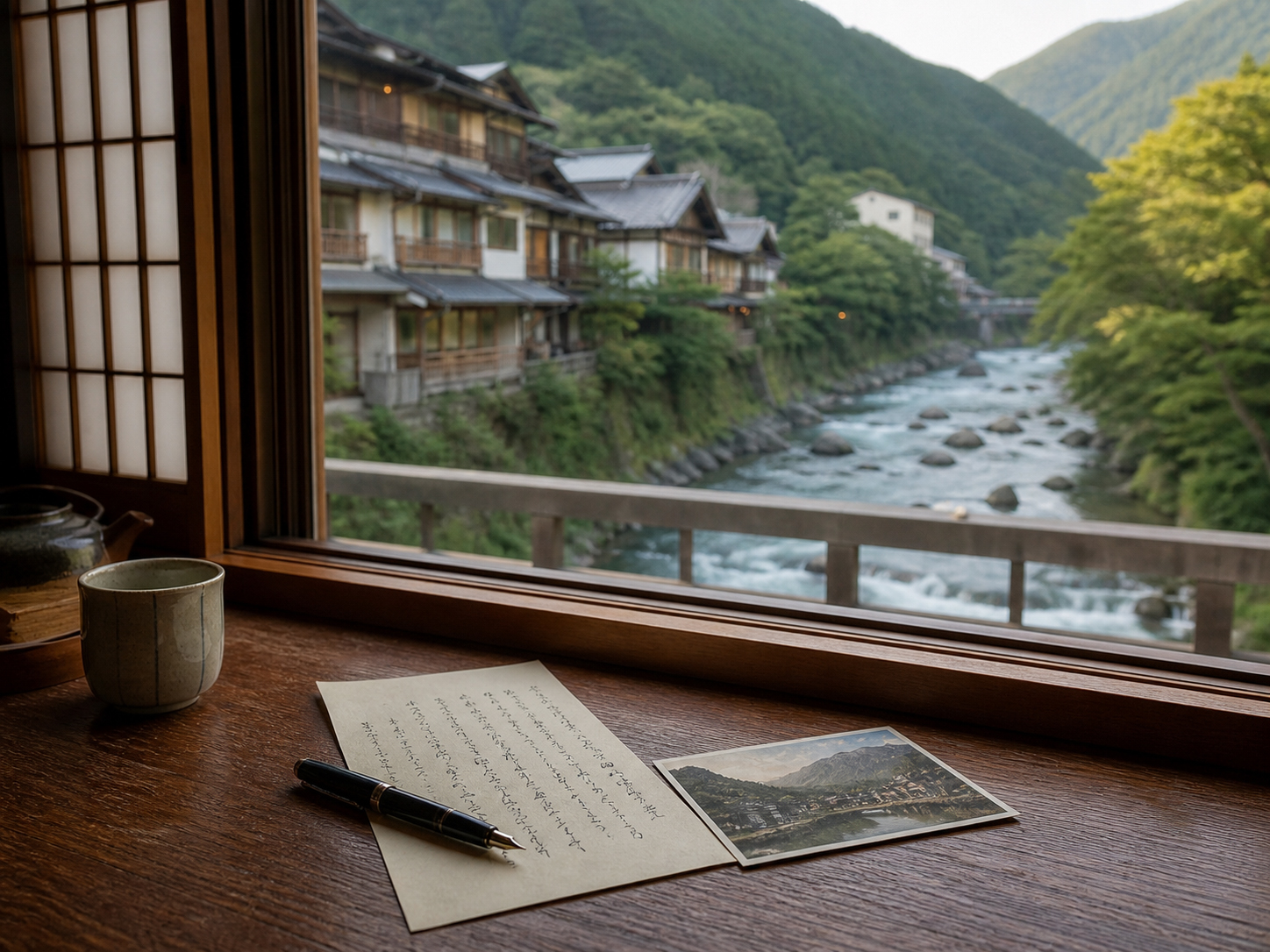 温泉旅館の窓辺、川の見える景色、はがきと湯呑み