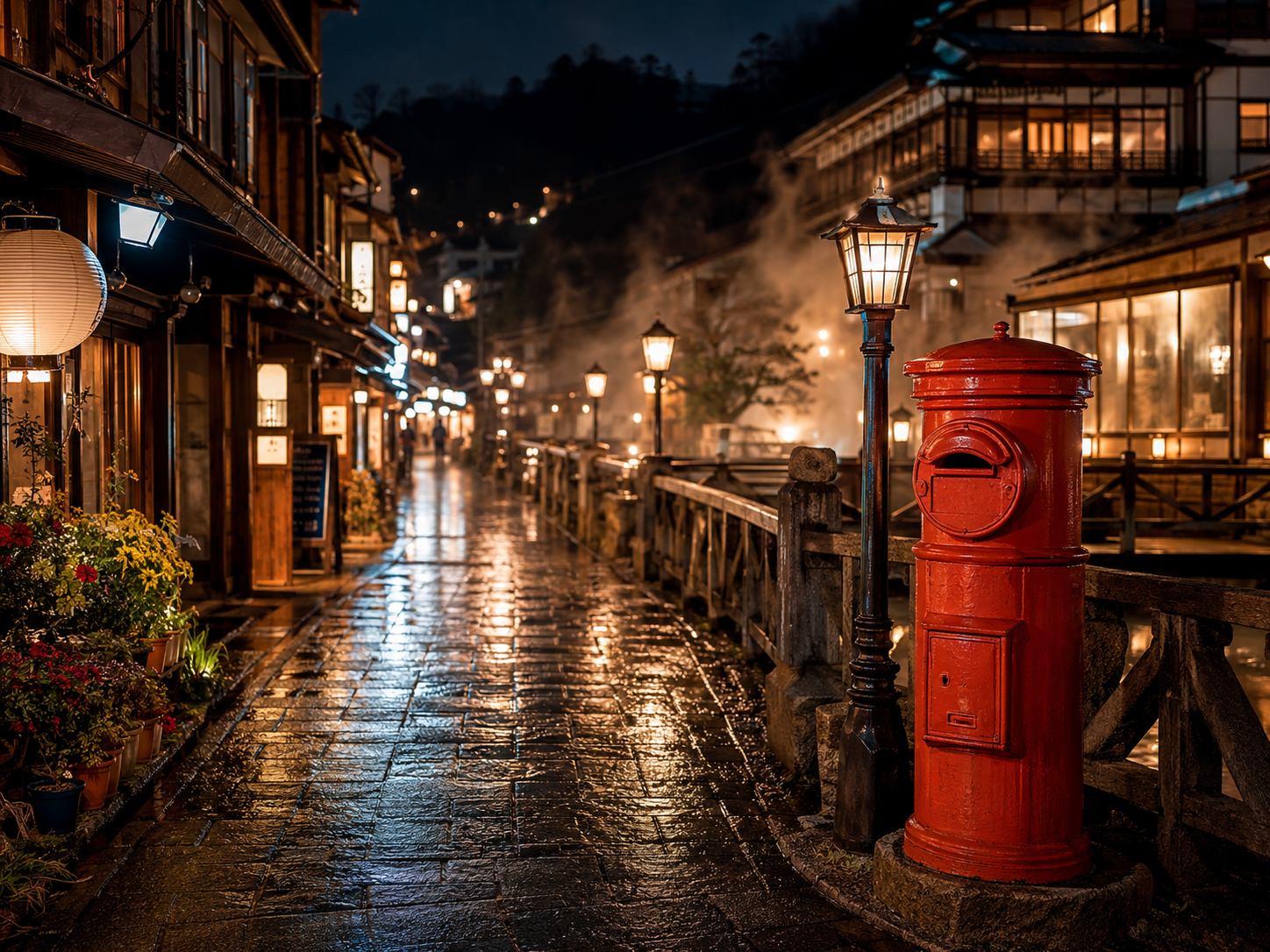 温泉街の夜、商店街の灯り、浴衣姿の旅人、赤いポスト
