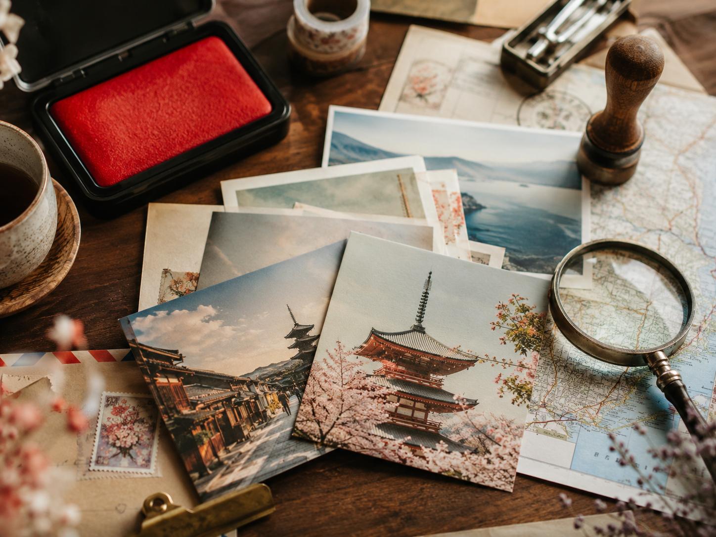 旅の地図、はがき、消印、スタンプ台