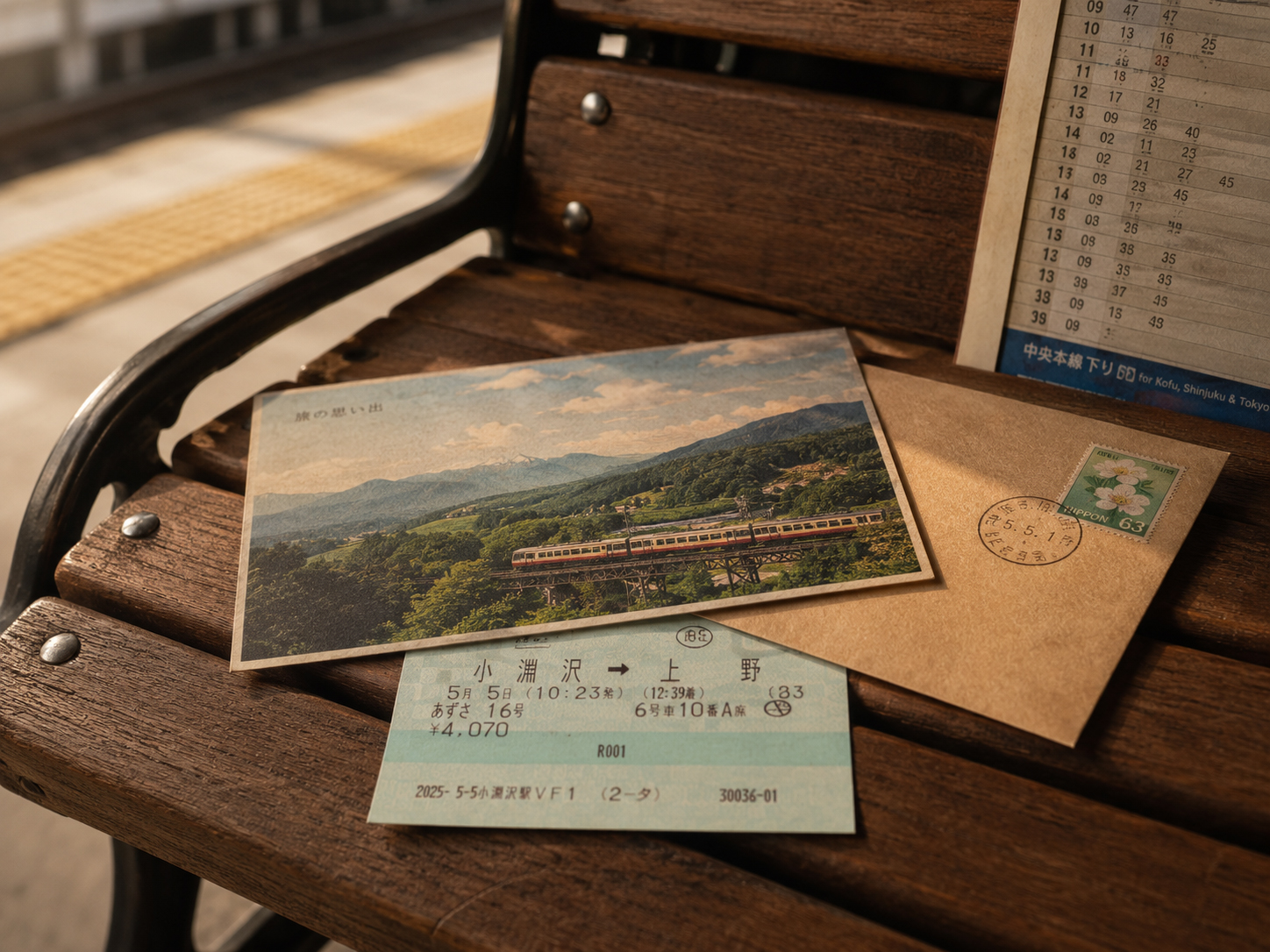 駅のベンチに置かれた切符、はがき、ペン、時刻表